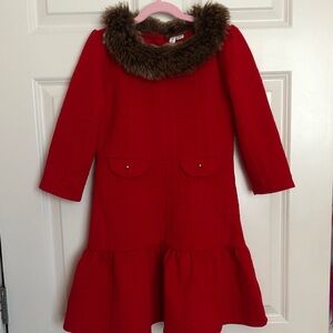 Janie and Jack Girls Red Dress with Faux Fur Collar and Faux Pockets. Size 10